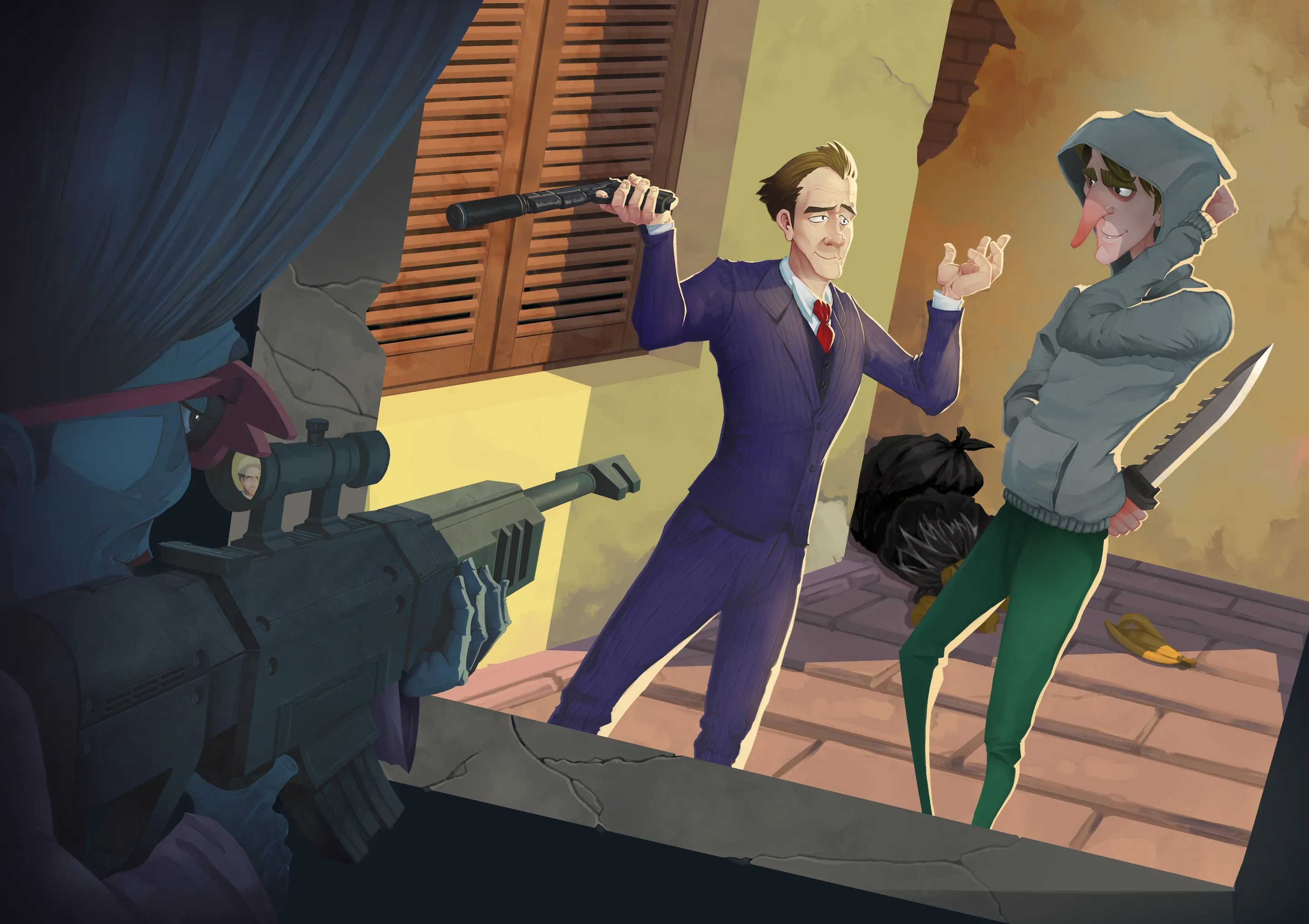 Insane Town key art: the politician with a silenced pistol and Smilzo hiding a knife behind his back, while a sniper keeps them in sight.