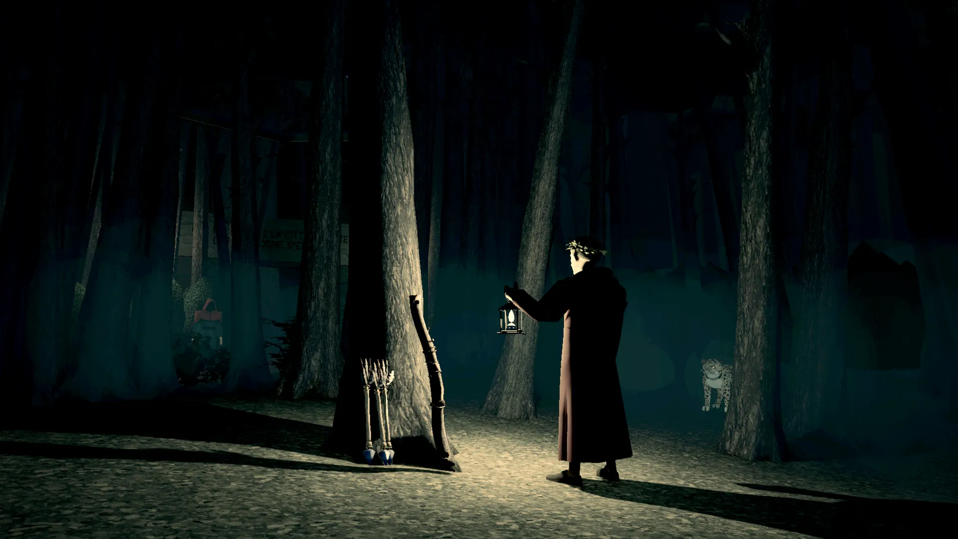 Dante in the dark wood with his lamp raised, the bow leaning on a trunk and the leopard watching from the dark.